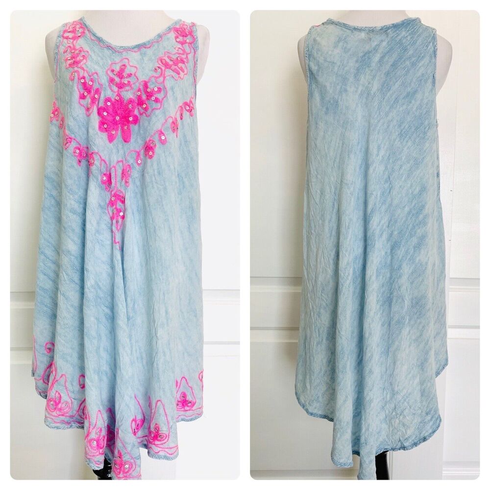 Summer Beach Cover Up Dress Embroidered Tie Dye NEW Boho Flowy Casual M